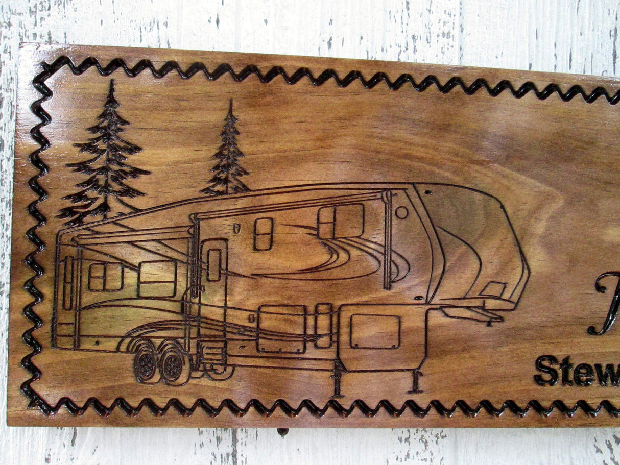 Custom Camping Sign with a 5th Wheel Camper, Personalized Camper Sign, Custom Carved Wooden Signs, C111 Southern Made Signs