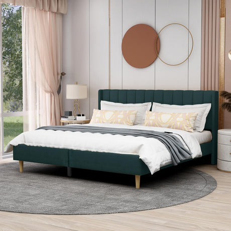 AGARTT Upholstered Platform Bed Frame King Size with Headboard and Footboard/Wooden Slats Support/No Box Spring Needed/Easy Assembly,Green Velvet AGARTT