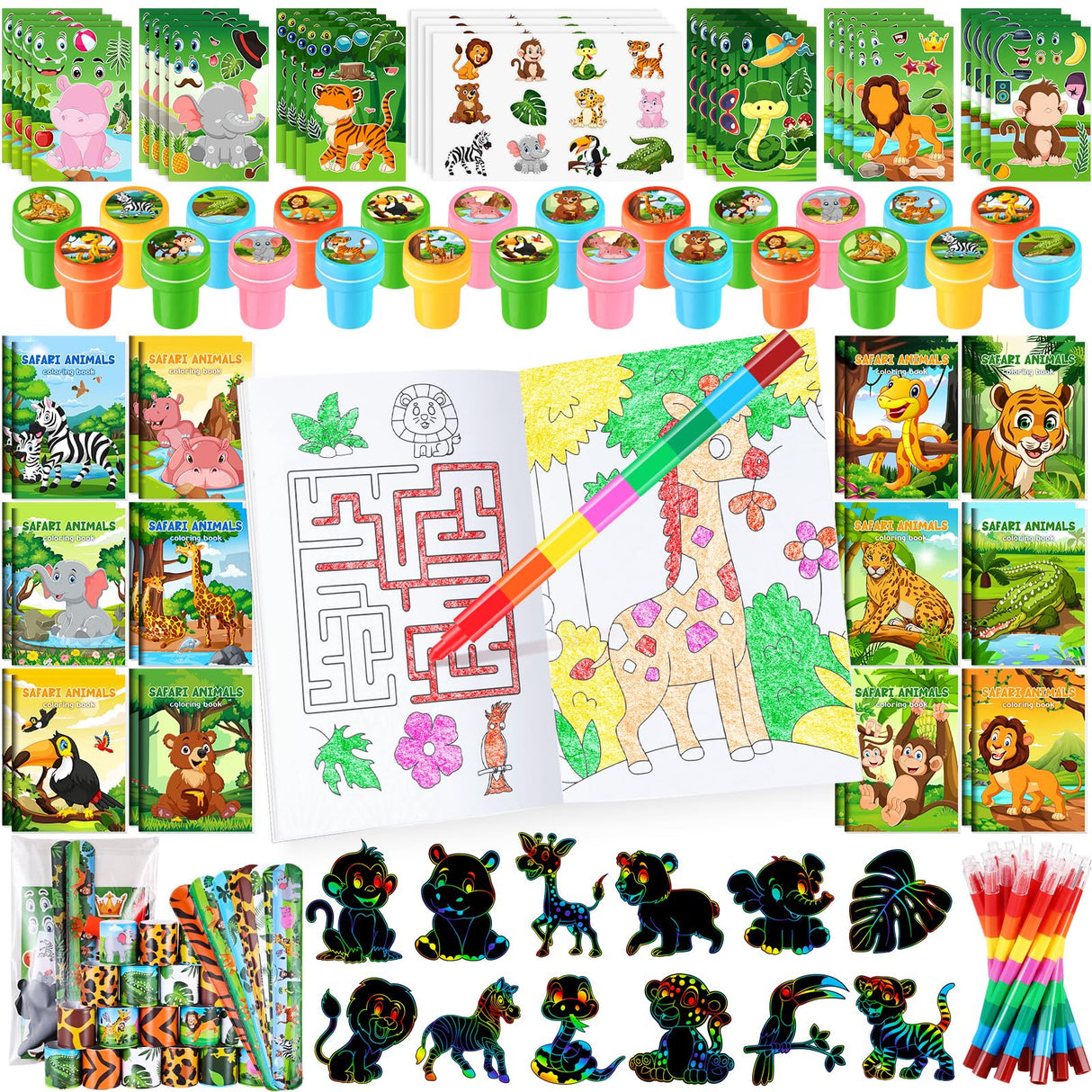 BenLouis 96Pcs Jungle Safari Party Favors Zoo Animals Coloring Books Crayons Sticker Stampers Slap Bracelets Set Bulk Classroom Prizes for Kids Wild One Party Baby Shower Goodie Bags Fillers BenLouis
