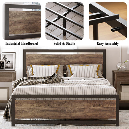 LIKIMIO Walnut Queen Bed Frame with Headboard and Under Bed Storage - Sturdy and Easy Assembly - WoodArtSupply