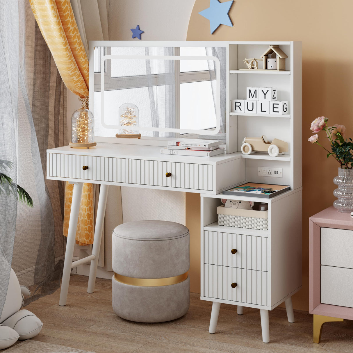 Fluted Makeup Vanity Desk with 36" Large Mirror and 3 Modes Adjustable Lights, 48" Big Modern Vanity Mirror with Lights and Charging Station, Vanity Table with Drawers and Solid Wood Legs for Bedroom HEYNEMO