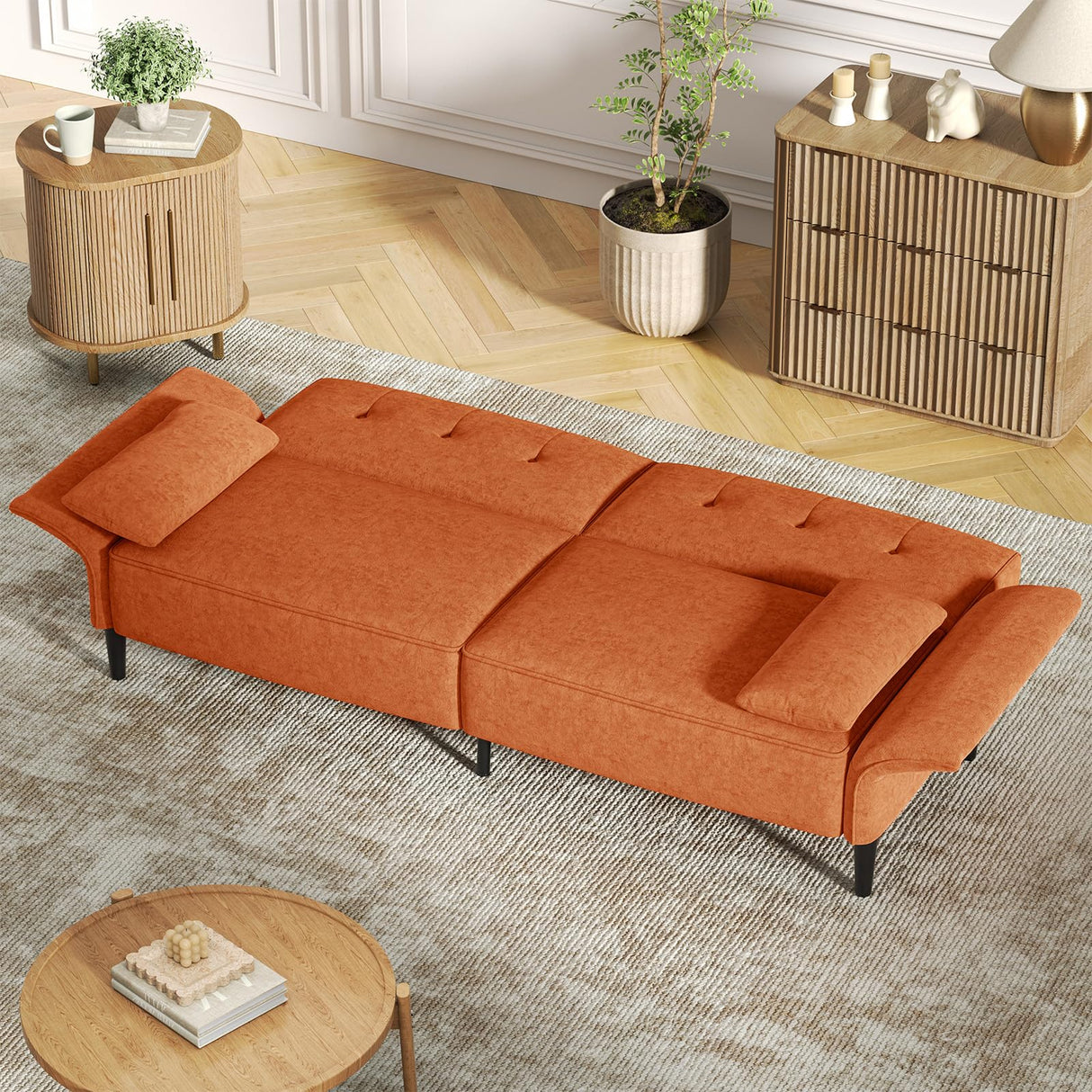 COPIAE 89” Futon Sofa Bed, Comfy Futon Couch Bed with 2 Square Pillows, Convertible Sleeper Sofa with Adjustable Backrest&Armrests, Modern Loveseat Sleeper for Living Room,Velvet Fabric,Burnt Orange COPIAE