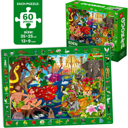 QUOKKA 60 Piece Kids Puzzles Ages 5-8 - Set of 4 Bible Jigsaw Puzzles for Kids 4-6-10 Year Old - Tower of Babel | Noah`s Ark | Eden Toys for Children 5-7 yo - Christian Gifts for Boys & Girls