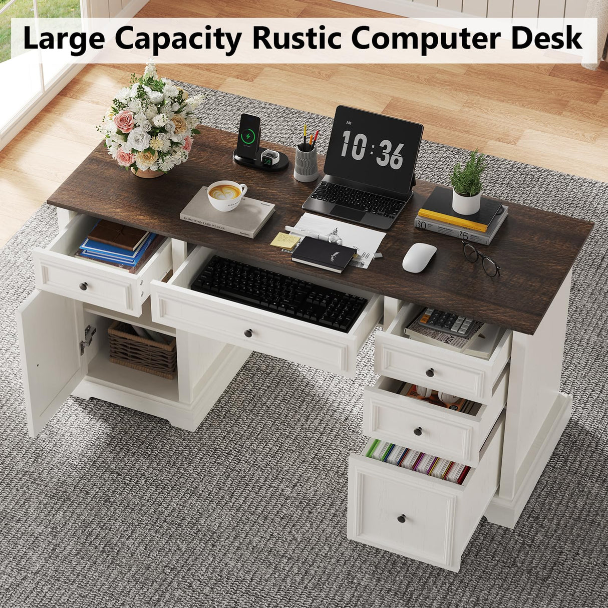 Sunny Heart 60" Executive Desk, Farmhouse Wood Computer Office Desk with Drawers & Cabinet, Rustic Home Office Desk Workstation for Home, Study, Work, Writing, Antique White Sunny Heart