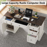 Sunny Heart 60" Executive Desk, Farmhouse Wood Computer Office Desk with Drawers & Cabinet, Rustic Home Office Desk Workstation for Home, Study, Work, Writing, Antique White Sunny Heart