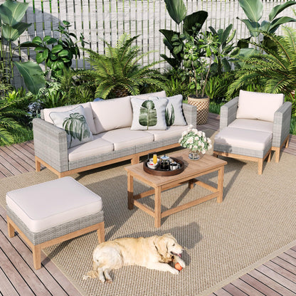 Sophia & William Outdoor Patio Furniture Sets, 5-Piece All-Weather Patio Conversation Set, High Back Wicker Rattan Setional Sofa with Large Single Sofa Chairs, Ottomans & Wooden Coffee Table (Beige)