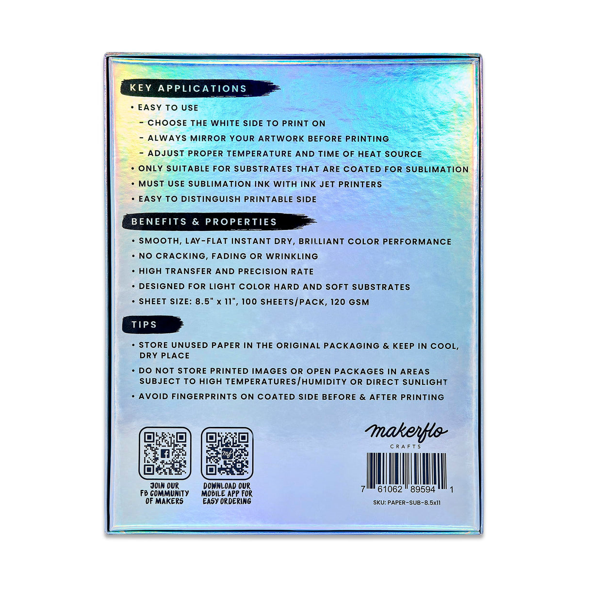 Makerflo Sublimation Paper 100 Sheets 8.5 x 11”, Heat Transfer Sublimation For Tumblers T-Shirts Phone Case Mugs, Printable Stickers Gifting Christmas DIY Enthusiast makerflo