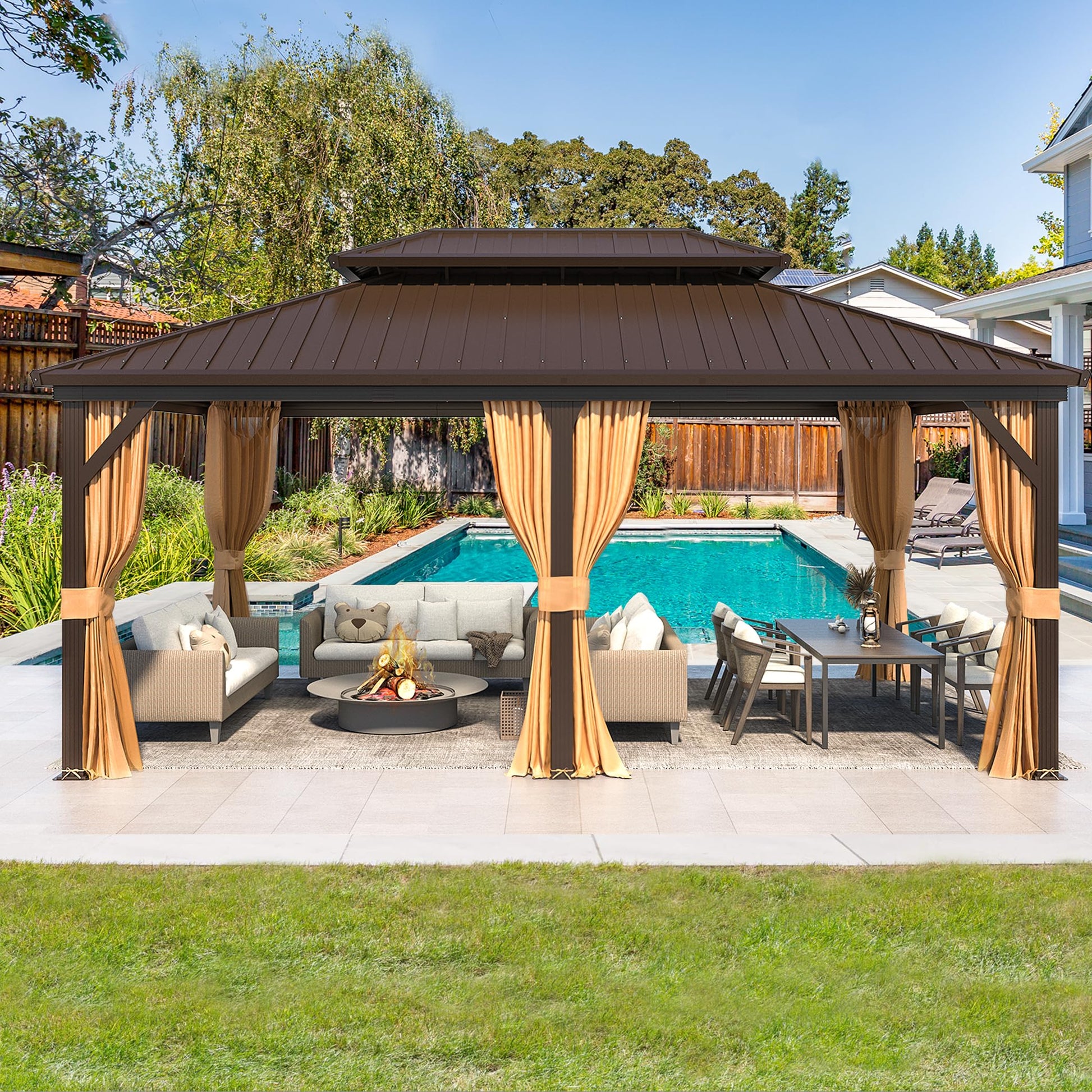 12'x18' Hardtop Gazebo, Galvanized Steel Double Roof Metal Gazebo with Anti-Rust Coating Aluminum Frame, Permanent Outdoor Pavilion with Curtain and Netting for Patio, Lawn and Garden - WoodArtSupply