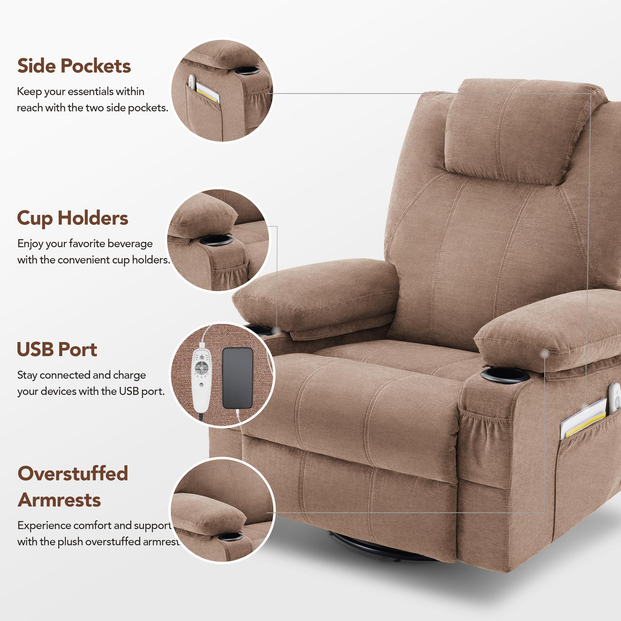 Weture Swivel Rocker Recliner Chair with Heat and Massage, 360 Degree Swivel Rocking Single Sofa with Cup Holders and USB Port, Big Oversized Recliner Chair for Living Room (Fabric, Brown) Weture