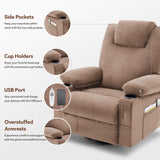 Weture Swivel Rocker Recliner Chair with Heat and Massage, 360 Degree Swivel Rocking Single Sofa with Cup Holders and USB Port, Big Oversized Recliner Chair for Living Room (Fabric, Brown) Weture