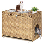 Cat Litter Box Enclosure with Soft Litter Mat; Hidden Cat Washroom Furniture with Door; Handwoven Rattan Cat House with Large Space; Pet Crate for Living Room, Bedroom, Balcony (Natural) Honiakaka