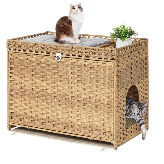 Cat Litter Box Enclosure with Soft Litter Mat; Hidden Cat Washroom Furniture with Door; Handwoven Rattan Cat House with Large Space; Pet Crate for Living Room, Bedroom, Balcony (Natural)