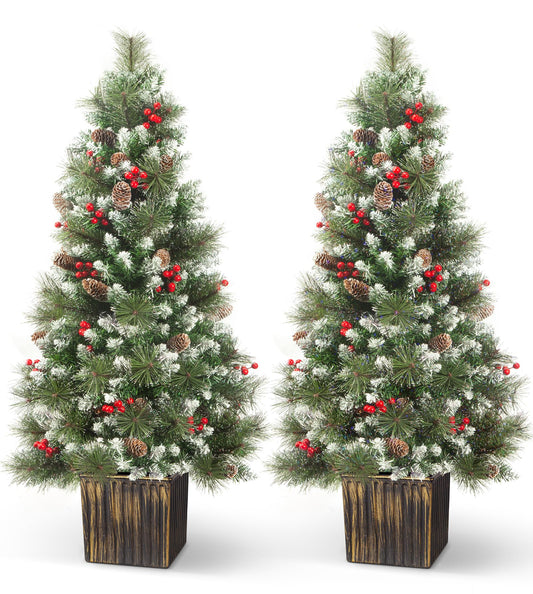 LAVEVE 4 FT Outdoor Christmas Tree with Vintage Potted Base, Small White Christmas Tree for Christmas Decorations Indoor, Porch Christmas Trees Set of 2