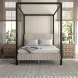 Evadne Modern Canopy Bed Frame Queen Size in Light Brown with Upholstered Channel Headboard and Wooden Slats Support HOMES: Inside + Out