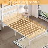VECELO Twin Size Bed Frame with Headboard, Heavy-Duty Platform Bedframe with Metal Slats Support, No Box Spring Needed, Easy Assembly, White & Natural VECELO