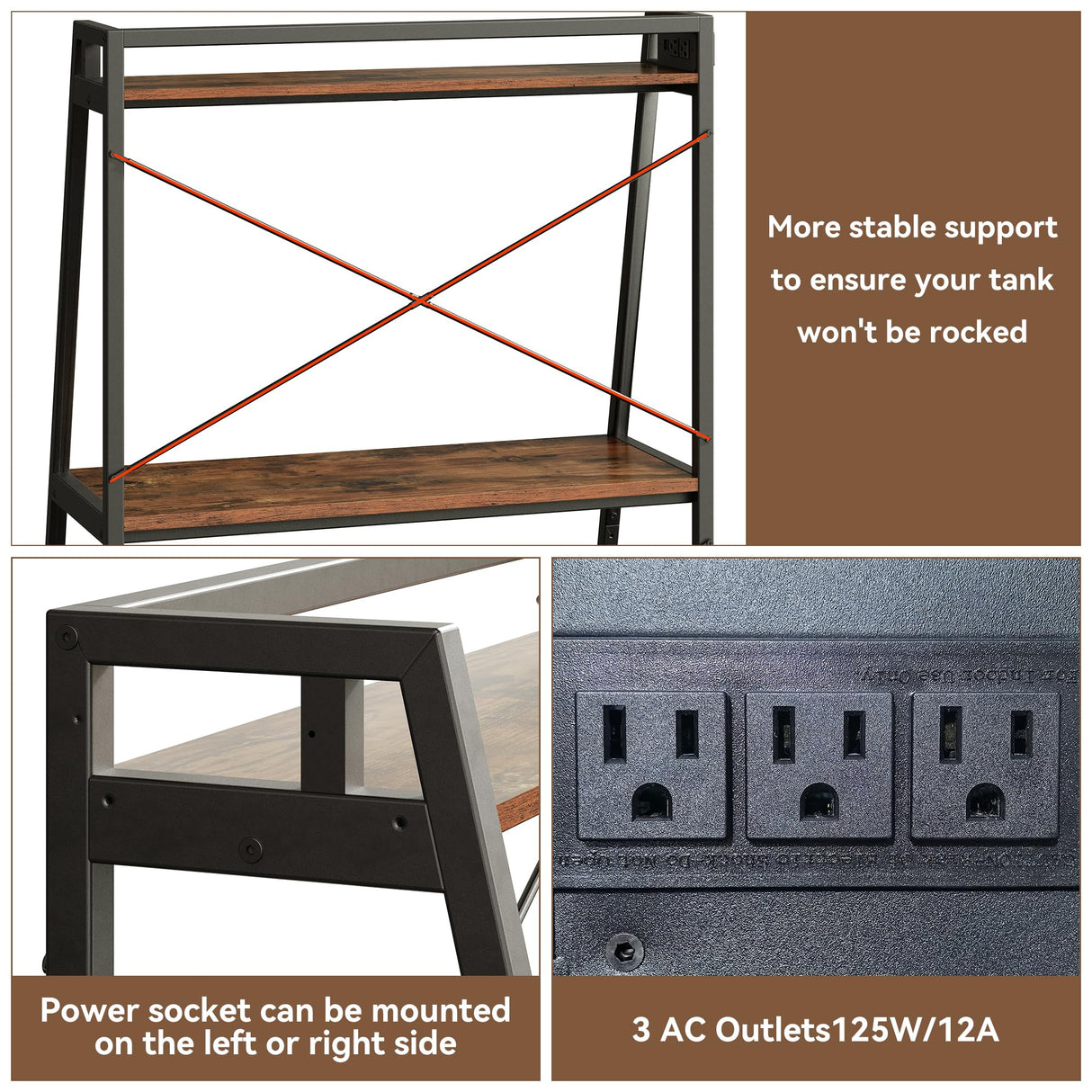 Herture 20-29 Gallon Fish Tank Stand with Shelf, Metal Frame Aquarium Stand with Storage and Power Outlet, for 2 x 20 Gallon Long Aquarium,30.7" L*18.26" W Reptile Tank Rustic Brown PG09YGN Herture