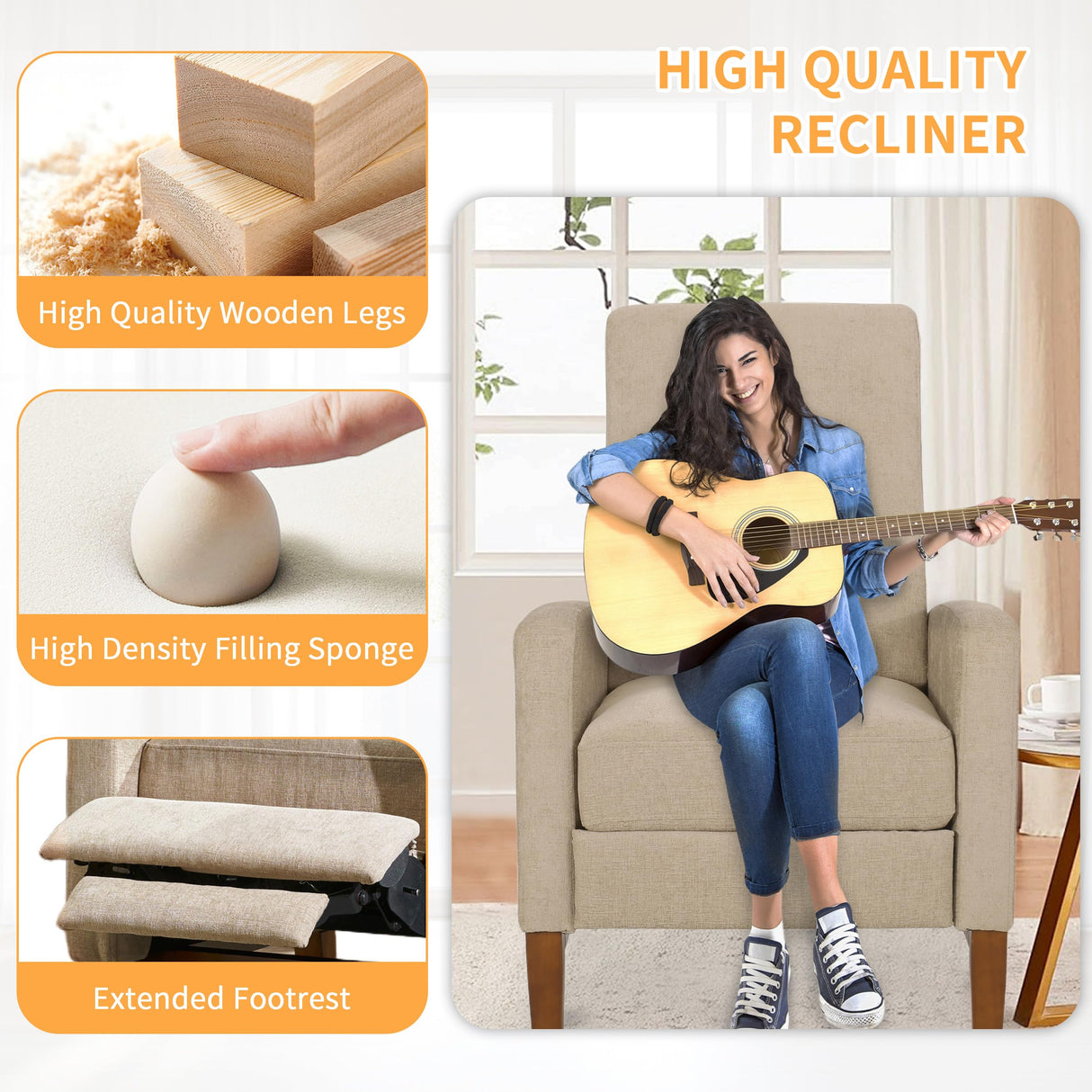 QKFF Push Back Recliner Chair, Adjustable Modern Reclining Chair with Solid Wood Legs Thick Seat Cushion and Backrest Small Recliners for Small Spaces Living Room QKFF