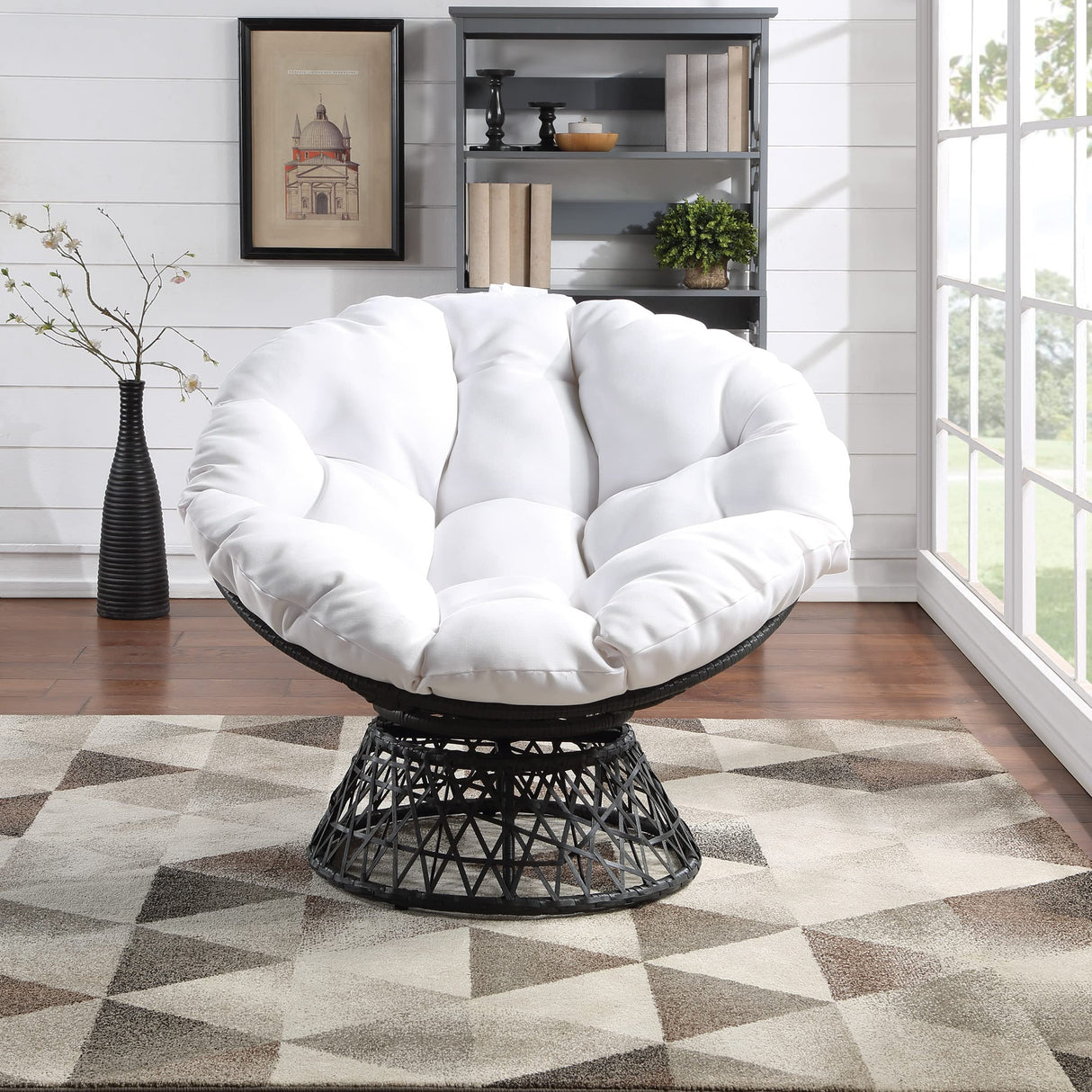 OSP Home Furnishings Wicker Papasan Chair with 360-Degree Swivel, Grey Frame with White Cushion OSP Home Furnishings