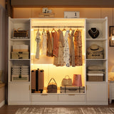 PAKASEPT Wardrobe Closet, 64.9" Freestanding Armoire System with 6 Display Storage Cabinet & Hanging Rods & 2 Wood Drawers, Cloth Garment Rack with Multi Color Light, Walk-in Closet, White PAKASEPT