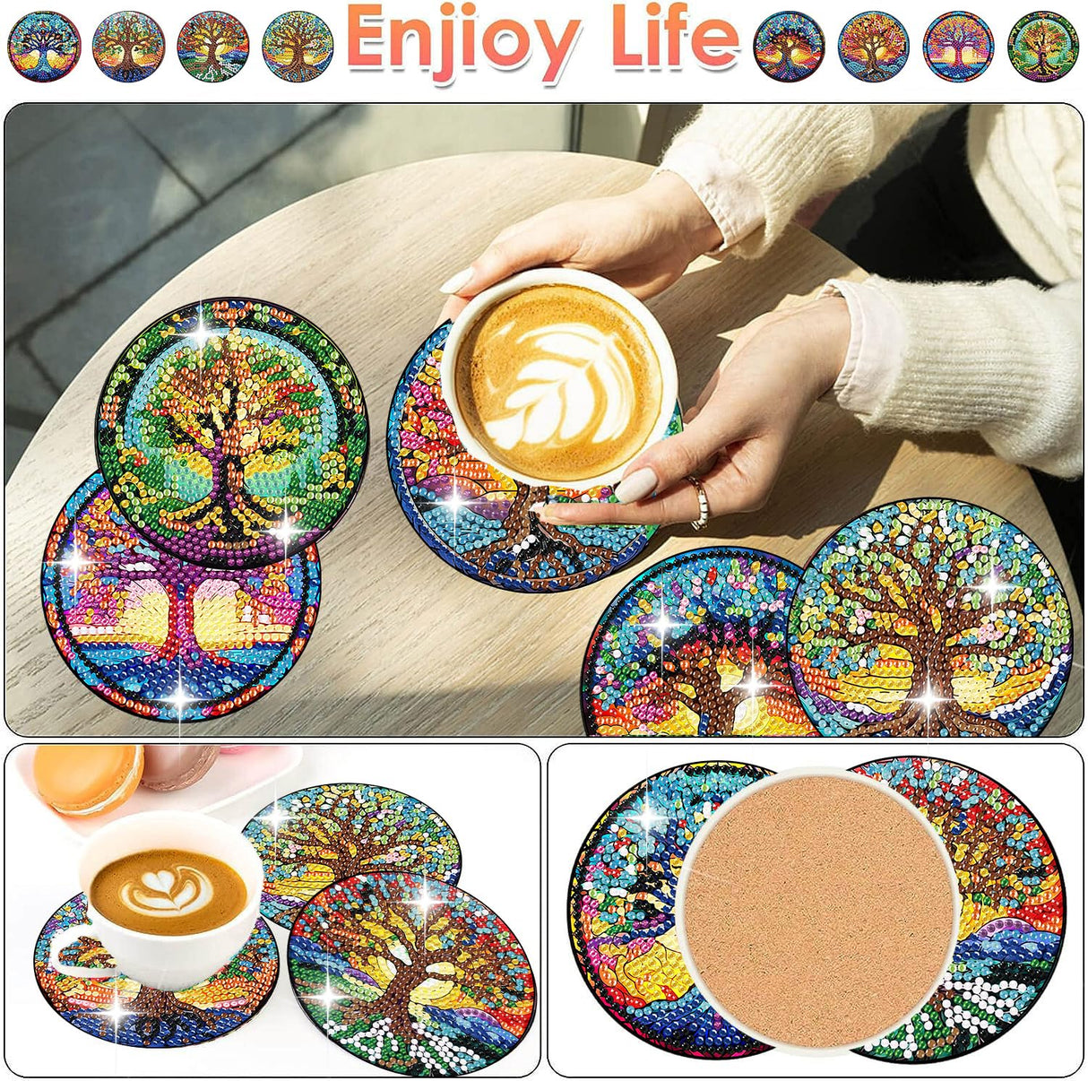 ijbnhd 8 PCS Tree of Life Diamond Art Coasters Diamond Painting Coasters Kits with Holder Tree of Life DIY Coasters for Beginners Adults Crafts Supplies 4X4inch (Cork Wooden Pad) ijbnhd