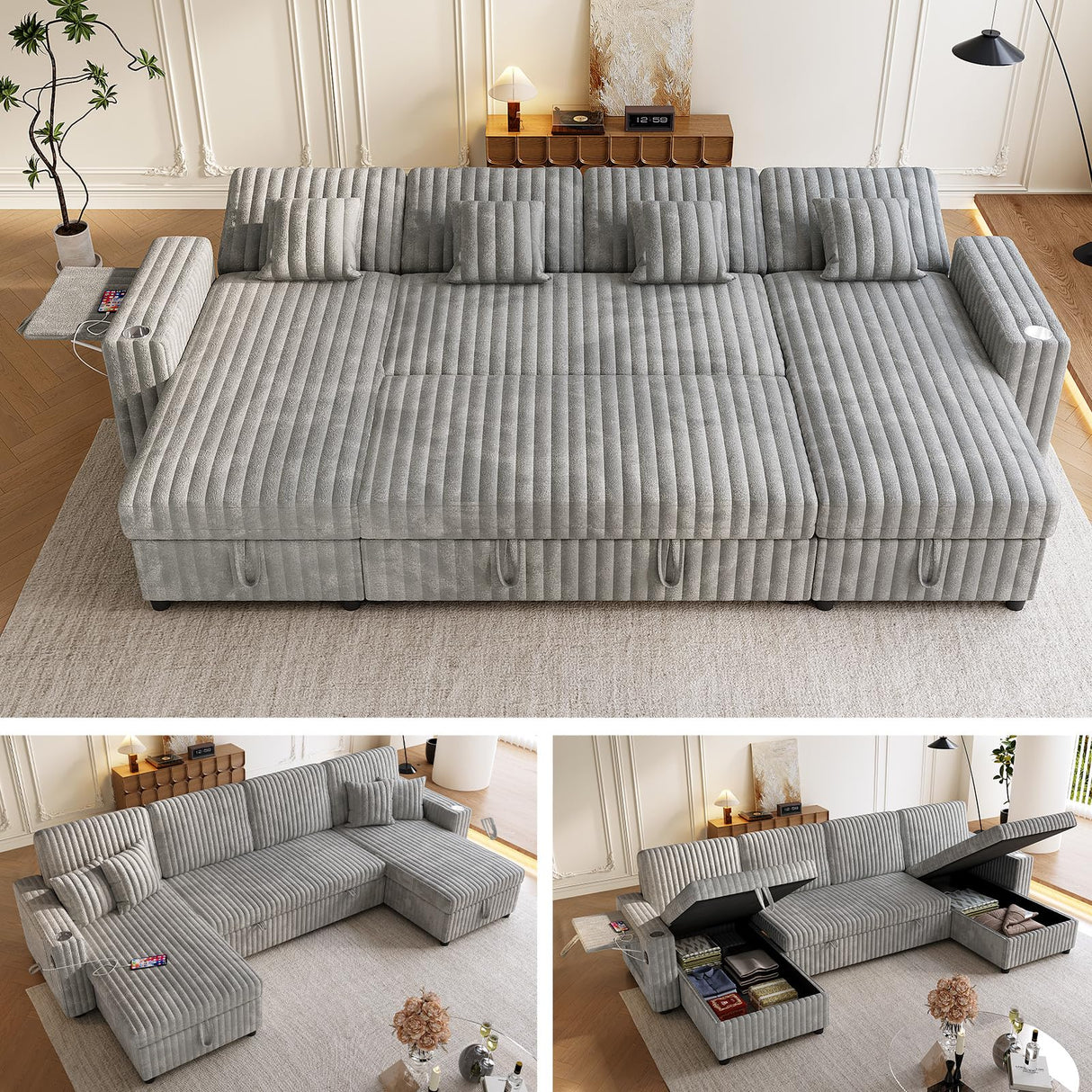 Sleeper Sectional Sofa, 122" Modern U Shaped Couch with Pull Out Bed, Convertible Corduroy Cloud Sofa with Double Storage Chaise, USB, Small Desktop, Comfy Modular Couch for Living Room, Light Grey ZHCREAL