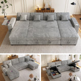 Sleeper Sectional Sofa, 122" Modern U Shaped Couch with Pull Out Bed, Convertible Corduroy Cloud Sofa with Double Storage Chaise, USB, Small Desktop, Comfy Modular Couch for Living Room, Light Grey ZHCREAL