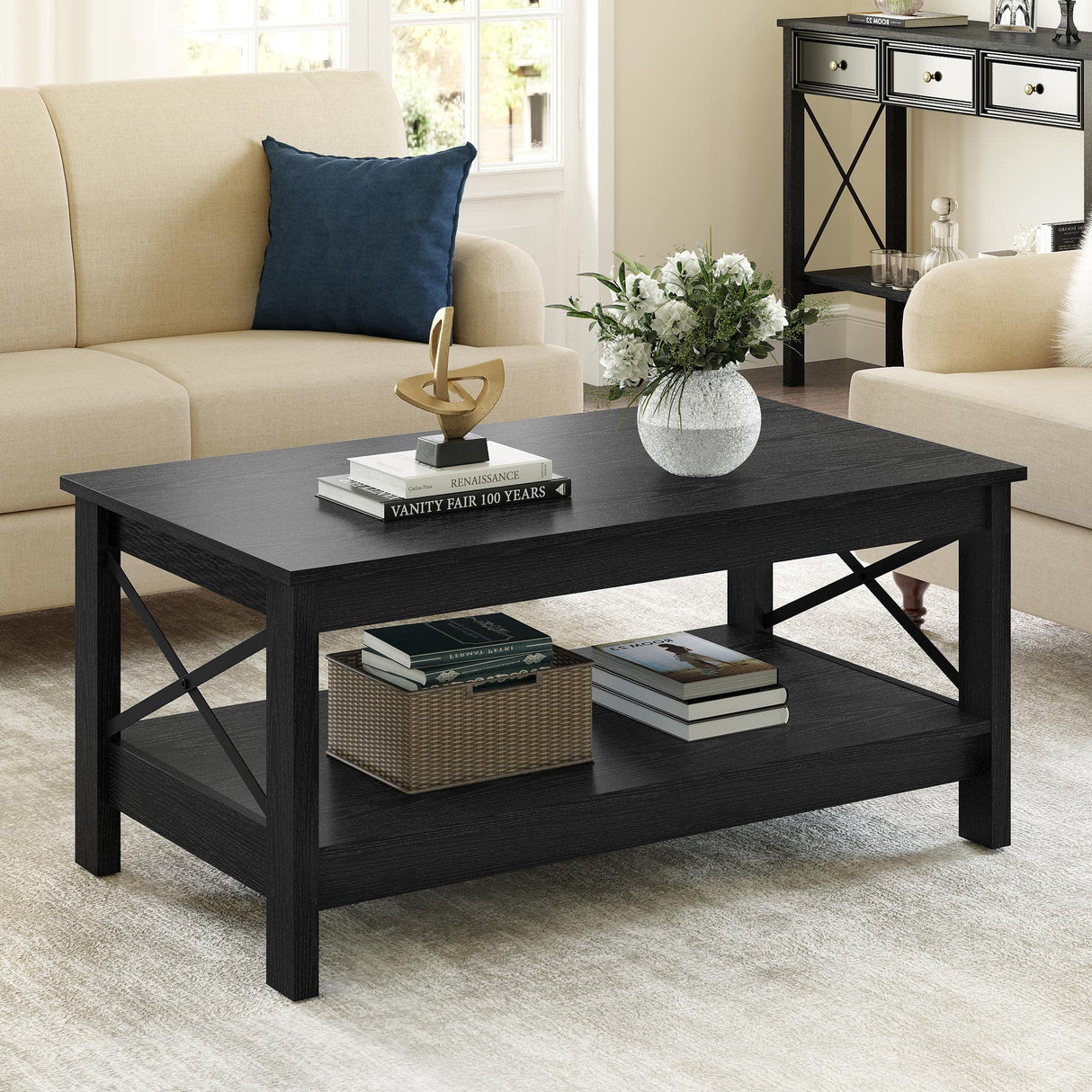 YITAHOME Coffee Table for Living Room,Modern Farmhouse Coffee Table with Storage,2-Tier Center Table for Living Room Wood Living Room Table Accent Cocktail with Sturdy Frame,Black YITAHOME