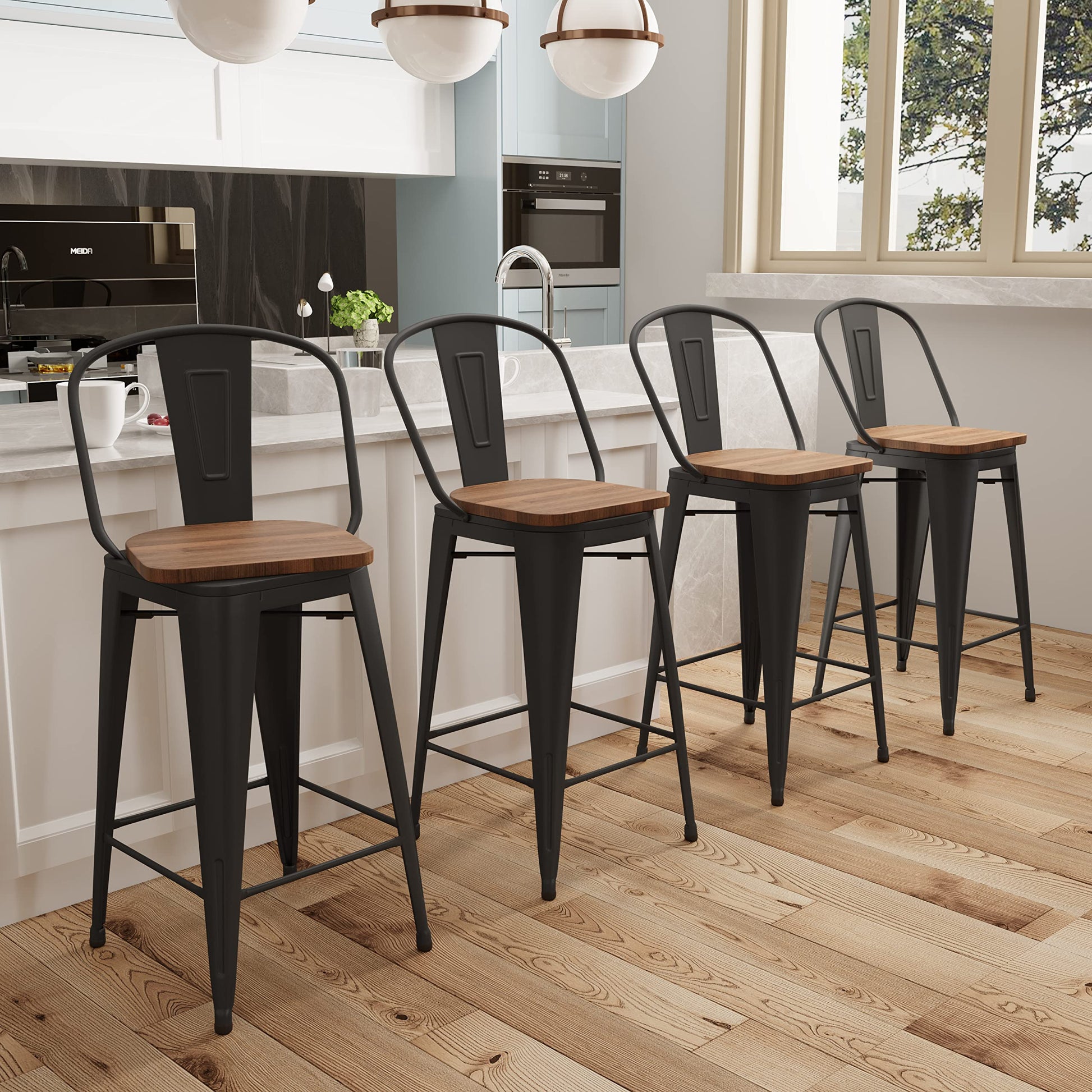 Aklaus Swivel Metal Bar Stools Set of 4 Counter Height Stools Counter Bar Stools with Back Swivel Metal Bar Chairs Wooded Seat 26 Inch Matte Black barstools - WoodArtSupply