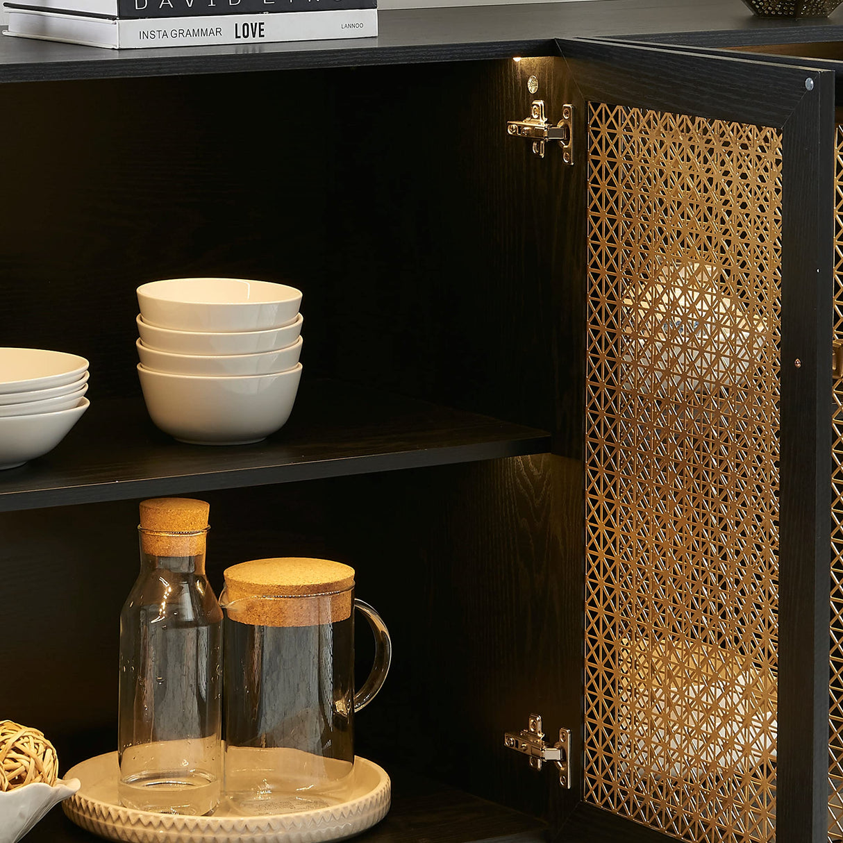 EDYO LIVING 63" Metal Decorative Sideboard Buffet Cabinet with LED Light, Black Credenza Storage Cabinet, Wood Accent Cabinet with 4 Doors for Living Room EDYO LIVING