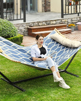 SONGMICS Hammock, Quilted Hammock with Curved Bamboo Spreaders, Pillow, 78.7 x 55.1 Inches, Portable Padded Hammock Holds up to 495 lb, Blue and Beige Rhombus UGDC034I02 SONGMICS