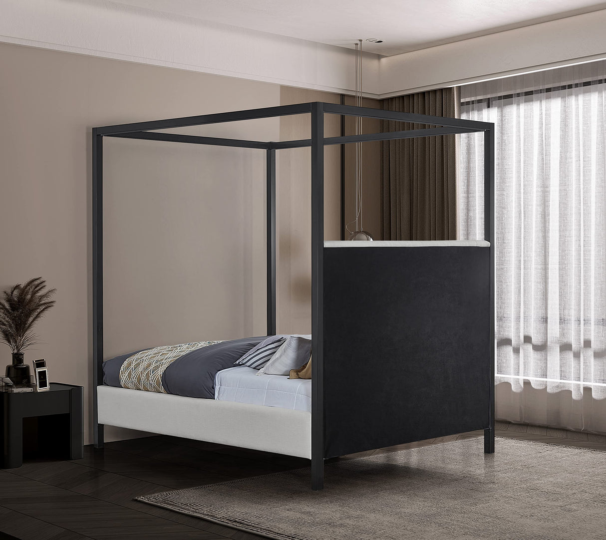 Meridian Furniture JamesBeige-K James Collection Modern | Contemporary King Bed with Cream Linen Textured Fabric, Matte Black Steel Canopy, Full Slats, 81" W x 85" D x 86" H, Cream, King Meridian Furniture