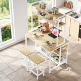 IRONCK Kitchen Island with Stools, Dining Table Set with Storage and Power Outlet, Industrial Coffee Bar Table for Kitchen Dining Living Room, 10 Hooks (Natural Wood) IRONCK