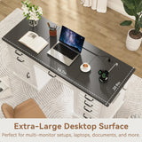 Farmhouse 57" Lift Desktop Executive Desk with 6 Drawers and Charging Station, Wood Home Office Computer Desk with File Cabinet Storage, Keyboard Tray,Headphone hook for Work,Study, Antique White Jocoevol