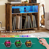 YITAHOME Large Record Player Stand with Power Outlets & LED Lights, Vinyl Record Storage Table with Display Shelf Holds Up to 120 Albums, Turntable Stand for Living Room, Bedroom, Brown YITAHOME