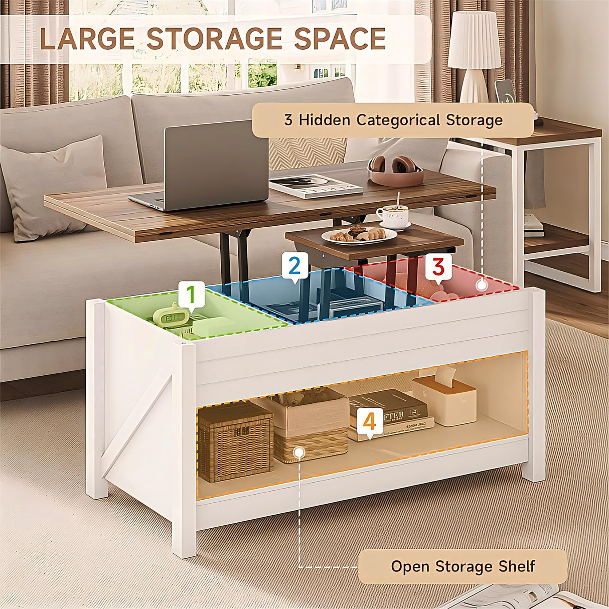 ONBRILL Lift Top Coffee Table, 3 in 1 Multi-Functional Coffee Table with Storage and Hidden Compartments, Farmhouse Rectangular Convertible Coffee Table to Dining Table for Living Room, White ONBRILL