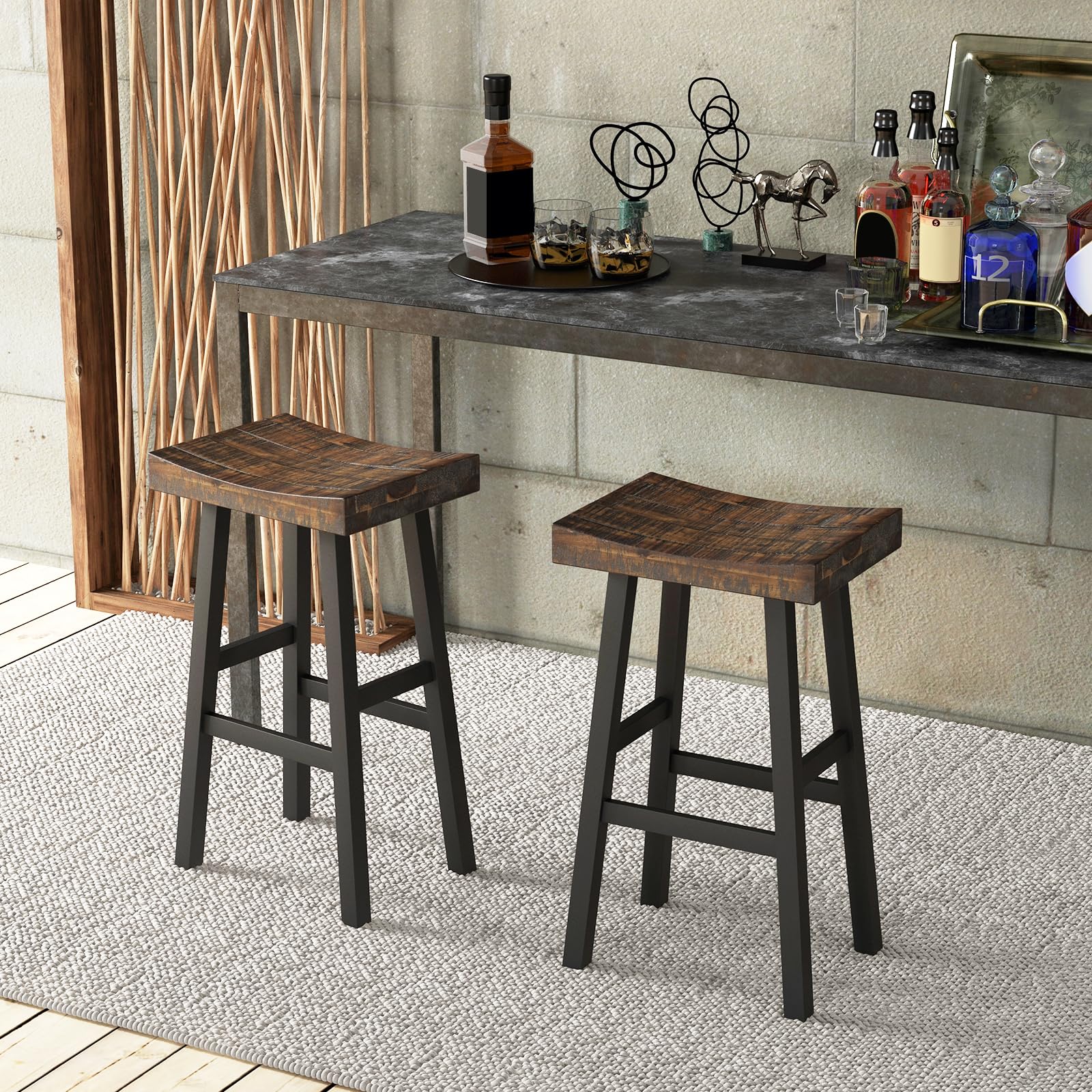 COSTWAY Wooden Saddle Stools Set of 2, 29-inch Bar Height Stools with Curved Seat Surface, Rubber Wood, Acacia Wood, Footrests, Kitchen Island Counter Stools for Restaurant Cafe Pub, Brown+Bl - WoodArtSupply