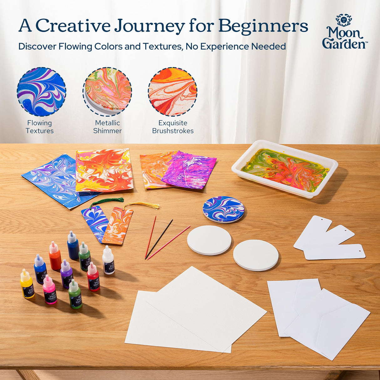MoonGarden Marble Painting Coaster kit - Marble Painting Kit for Adults - 12 Color Paints, Ceramic Coasters, Bookmark Paper and Cardstock Paper - Relaxing and Creative DIY Activity Moon Garden