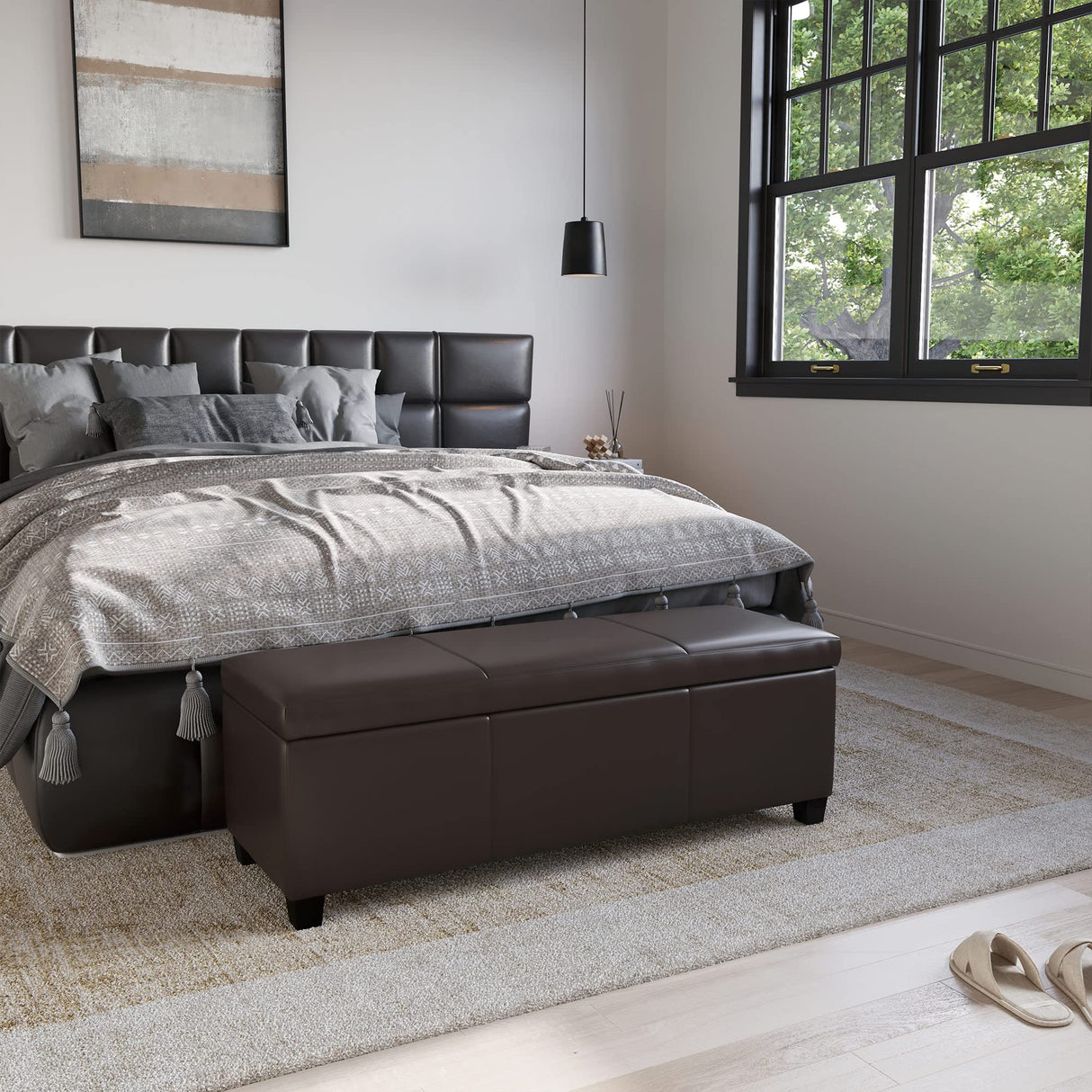 BELLEZE 47 Inch Storage Ottoman, Faux Leather Storage Bench Bedroom Bench with Safety Close Hinge, Ottoman with Storage for Living Room, Entryway, Hallway, Foot Rest, Support 300lbs - Brown BELLEZE