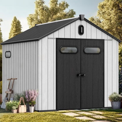 YITAHOME 8x10ft Outdoor Resin Storage Shed with Floor, 544 cuft Waterproof Garden Shed with Lockable Door, Windows & Vents, Plastic Tool Storage for Patio Furniture, Lawnmower, and Bike Stora - WoodArtSupply