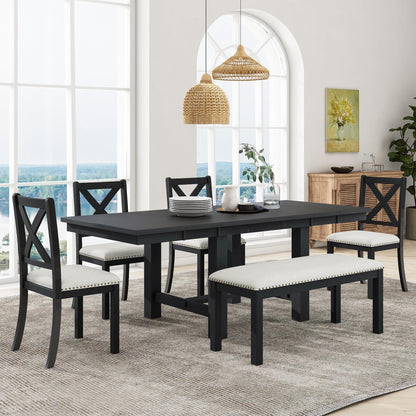 Harper & Bright Designs 6Pcs Dining Set, Farmhouse 82" Extendable Dining Table with Footrest, 4 Upholstered Chairs and Bench, 2 Removable Leaf, Solid Wood Kitchen Table Set, Black+Beige