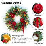 Pinkpuii Pre-lit Christmas Wreath with Lights,24 Inch Outdoor Christmas Wreaths for Front Door,Green Eucalyptus Olive Leaves Winter Door Wreath with Pinecones,Red Flower-Lighted Xmas Holiday Wreath Pinkpuii