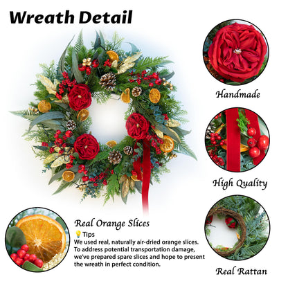 Pinkpuii Pre-lit Christmas Wreath with Lights,24 Inch Outdoor Christmas Wreaths for Front Door,Green Eucalyptus Olive Leaves Winter Door Wreath with Pinecones,Red Flower-Lighted Xmas Holiday Wreath