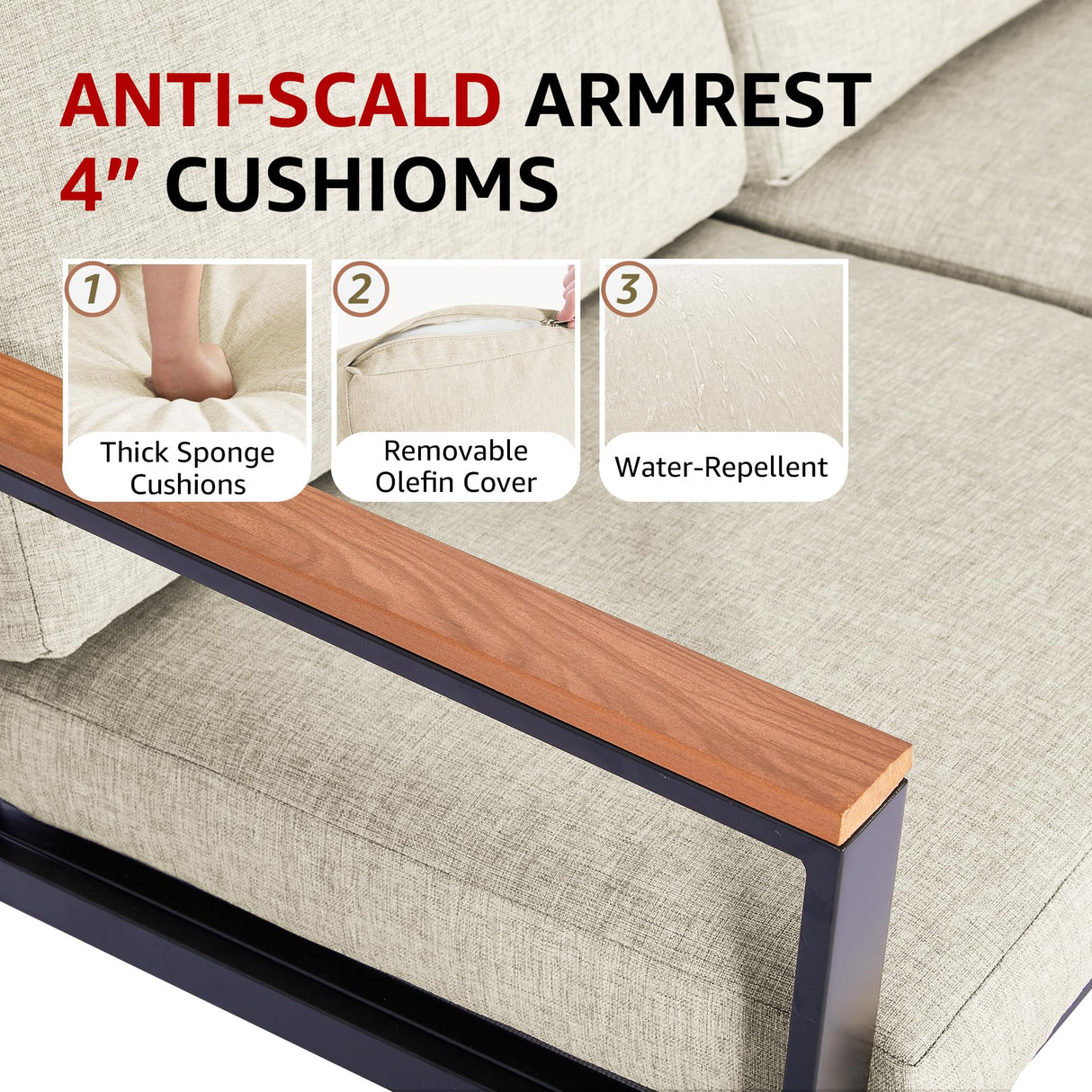 NATURAL EXPRESSIONS 4 Pieces Patio Furniture Sets,Metal Outdoor Patio Furniture Sets,Outdoor Sectional Furniture Patio Conversation Set,Wooden Anti-Scald Armrest,Sling Mesh,4" Olefin Cushions NATURAL EXPRESSIONS