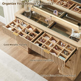 T4TREAM 48" Fluted Makeup Vanity Desk with Large Led Lighted Mirror, Modern Vanity Table with 8 Drawers & Charging Station, Glass Top Dressing Table for Bedroom, Natural Oak T4TREAM