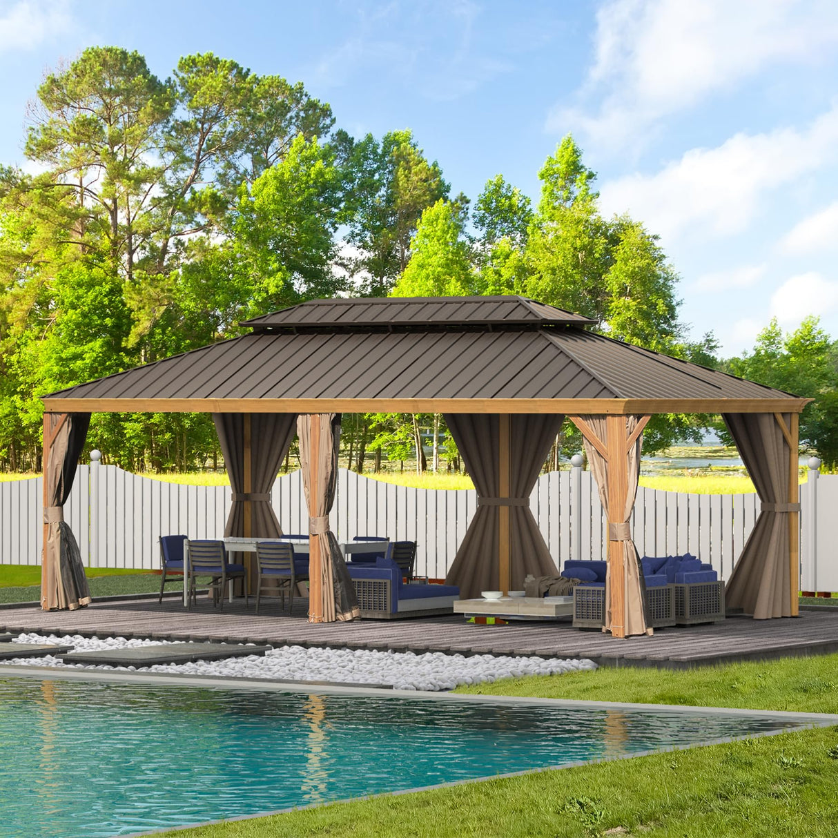 Domi 14'x24' Hardtop Gazebo Canopy,Outdoor Aluminum Gazebo with Galvanized Steel Double Roof, Extra Large Permanent Gazebo Pavilion for Patio Deck Backyard,Curtain and Netting,Wood Grain domi outdoor living