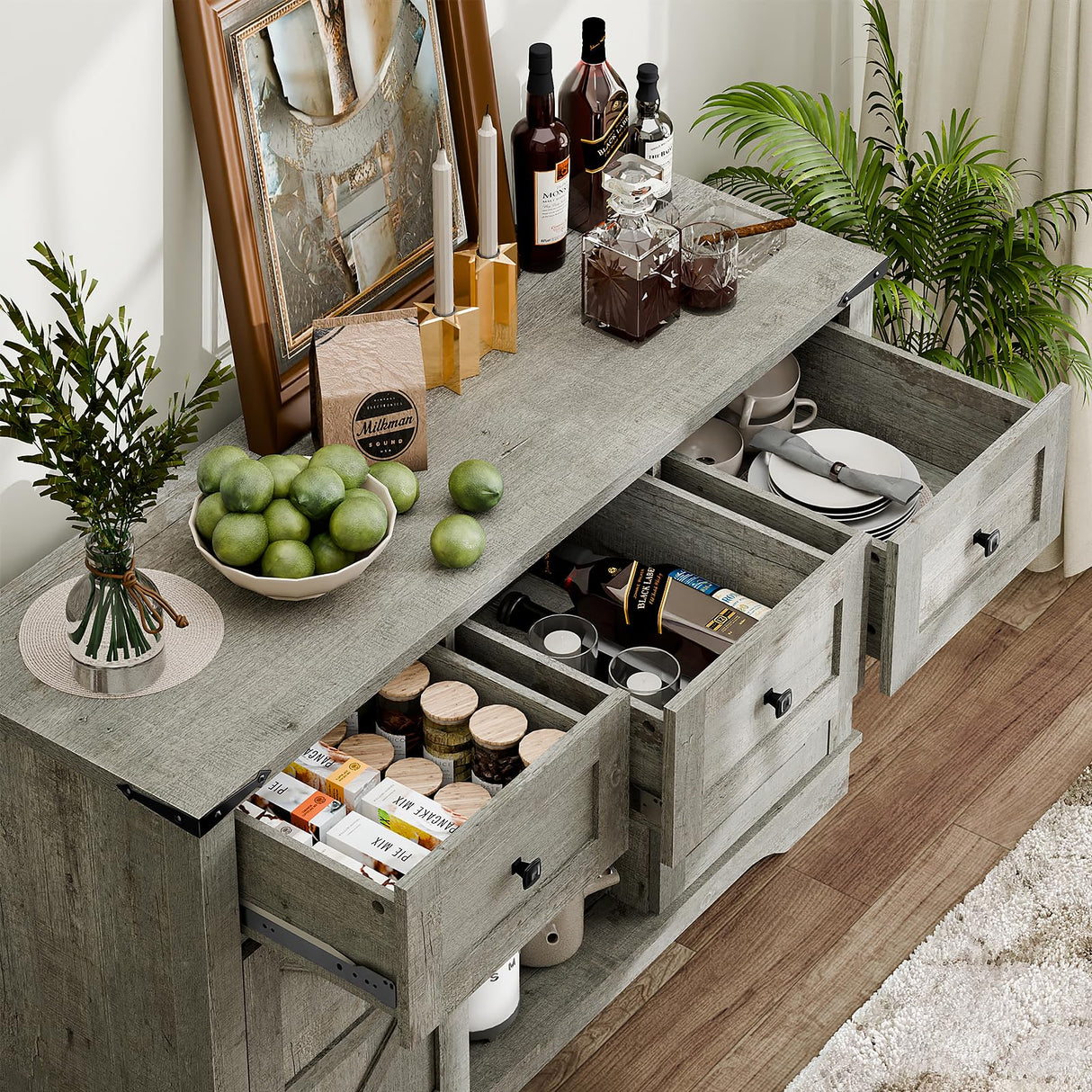 47" Farmhouse Buffet Cabinet with Storage, Barn Doors Sideboard Buffet Storage Cabinet with 3 Drawers and Shelves, Wood Coffee Bar Cabinet for Kitchen, Dining Room, Living Room, Gray Vabches