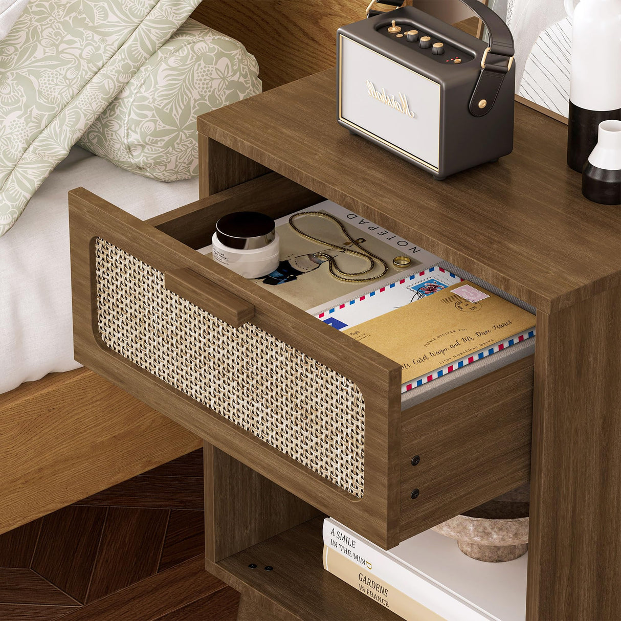 YAUKOMEL Rattan Nightstand,Mid Century Modern Bedside Table with Drawer,Wood Nightstand with Solid Wood Legs,End Table Side Table Accent Table for Living Room,Bedroom,Small Space Caramel Oak CTG62BR YAUKOMEL