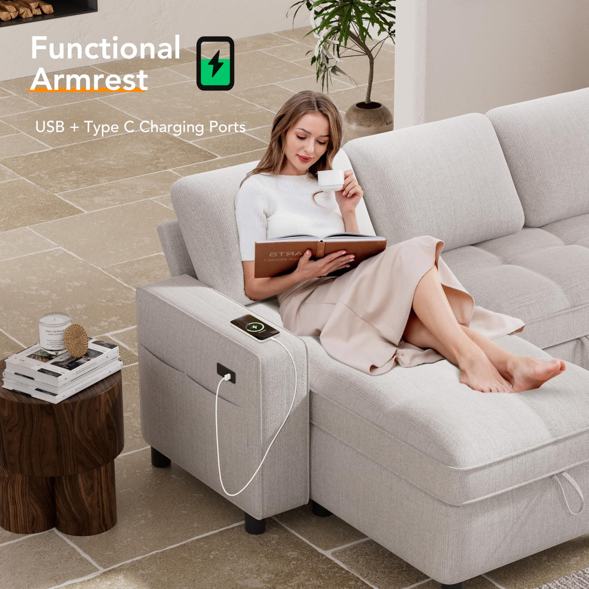 Vipbear 81" Sectional Sleeper Sofa Bed with Pull Out Bed, L Shaped Couch Sleeper Sofa, Pull Out Couch with Reclining Backrest, Reversible Storage Chaise, USB Ports, Tool-Free Assembly, Chenille Beige Vipbear