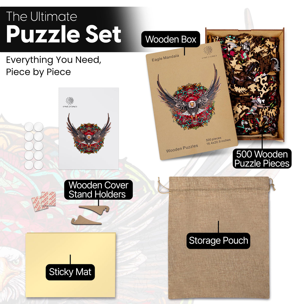 ESTROSO Wooden Puzzles for Adults - Bald Eagle Mandala 500 Piece Wooden Jigsaw Puzzle - 20.9x16.4 Inches - Giftable Wooden Box and Carrying Bag - Challenging Wooden Jigsaw Puzzles ESTROSO