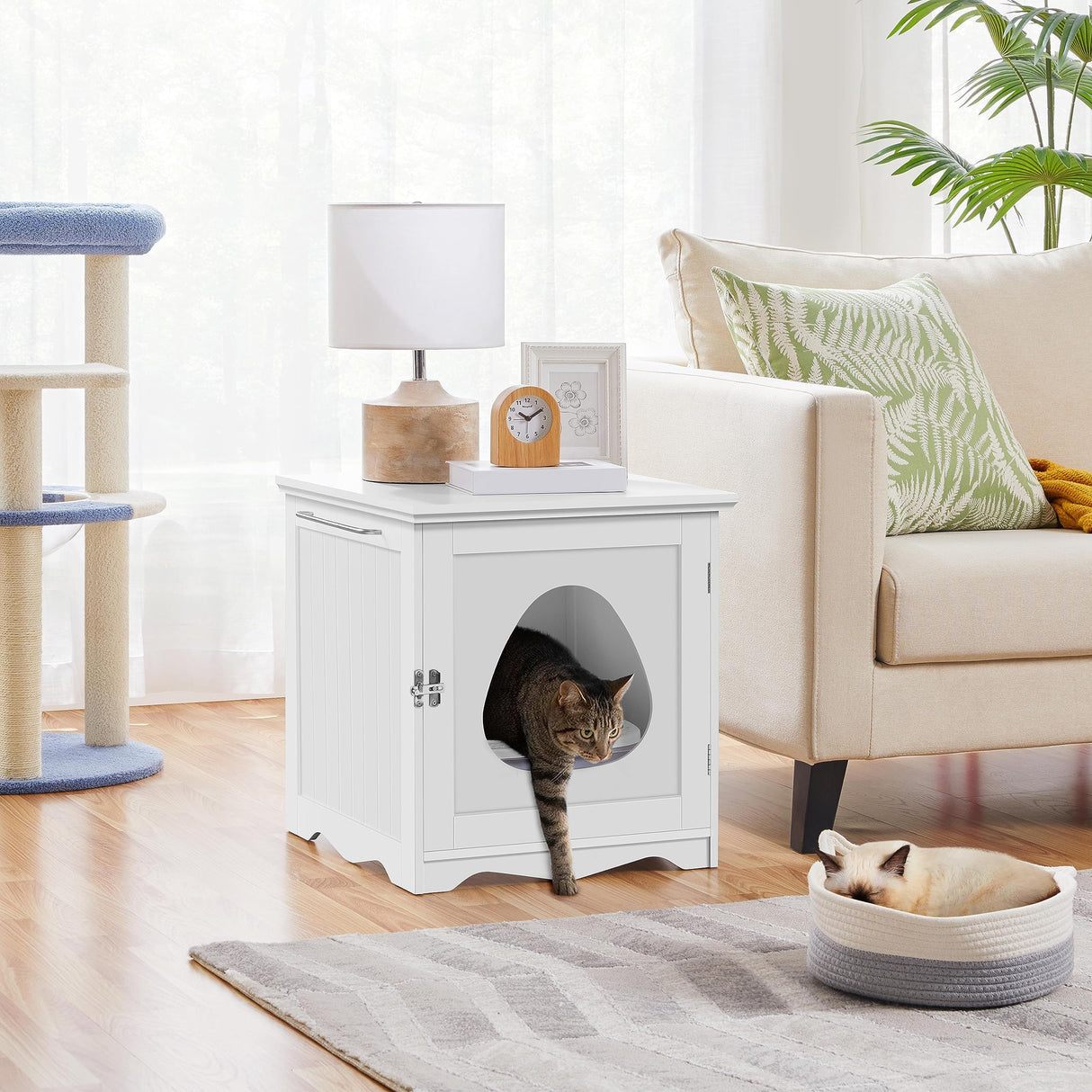 Yaheetech Cat Litter Box Enclosure, Litter Box Furniture Hidden with Towel Bar, Wooden Cat Washroom, Dog Proof Cat Litter Box Cabinet, Indoor Cat House, Side End Table, White Yaheetech